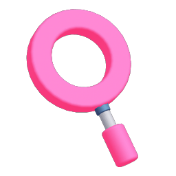 Pink magnifying glass in 3D cartoonish style.